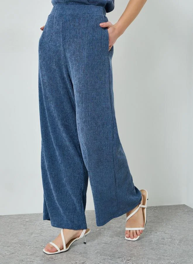 Styli Blue Textured Wide Leg Knit Joggers